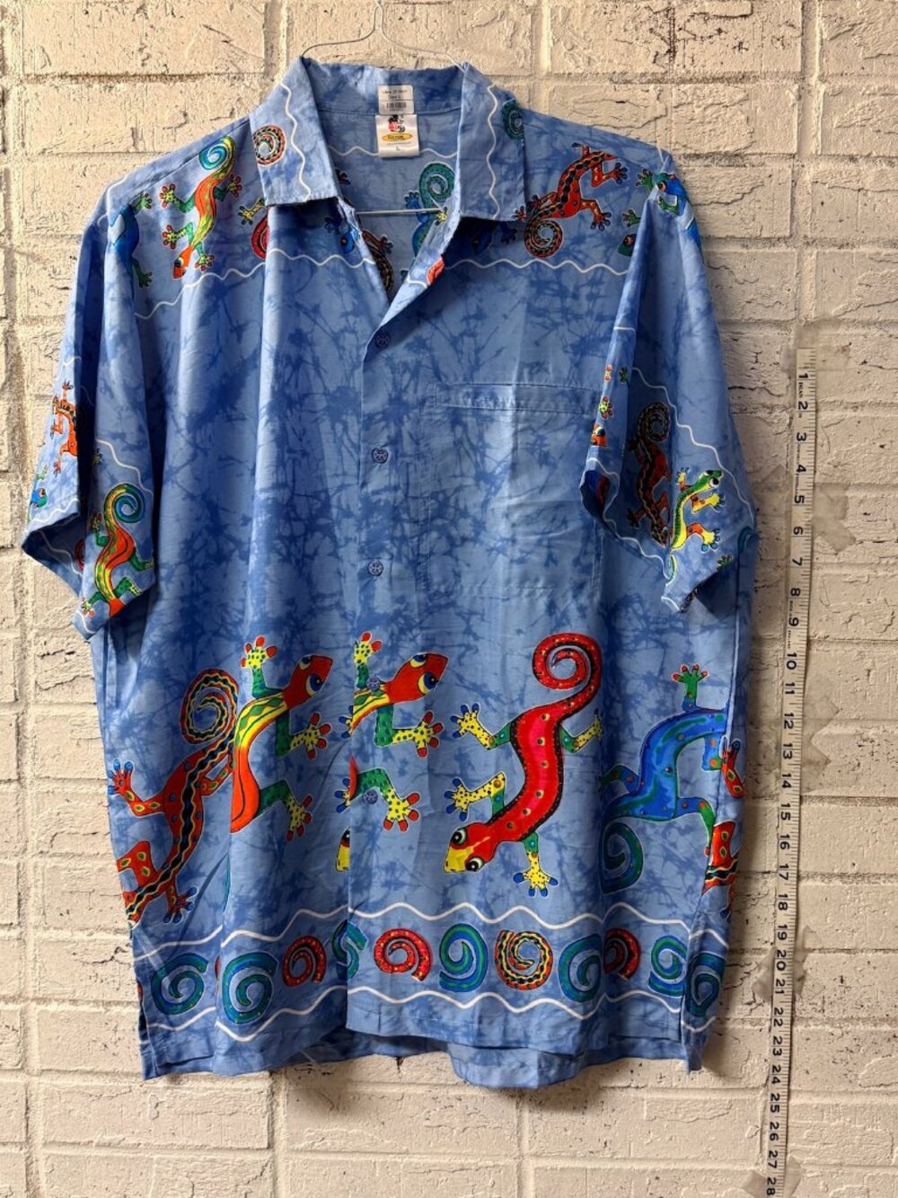 Rima Tropical Gecko Hawaiian Camp Shirt Blue Tie Dye Button Front Size Large